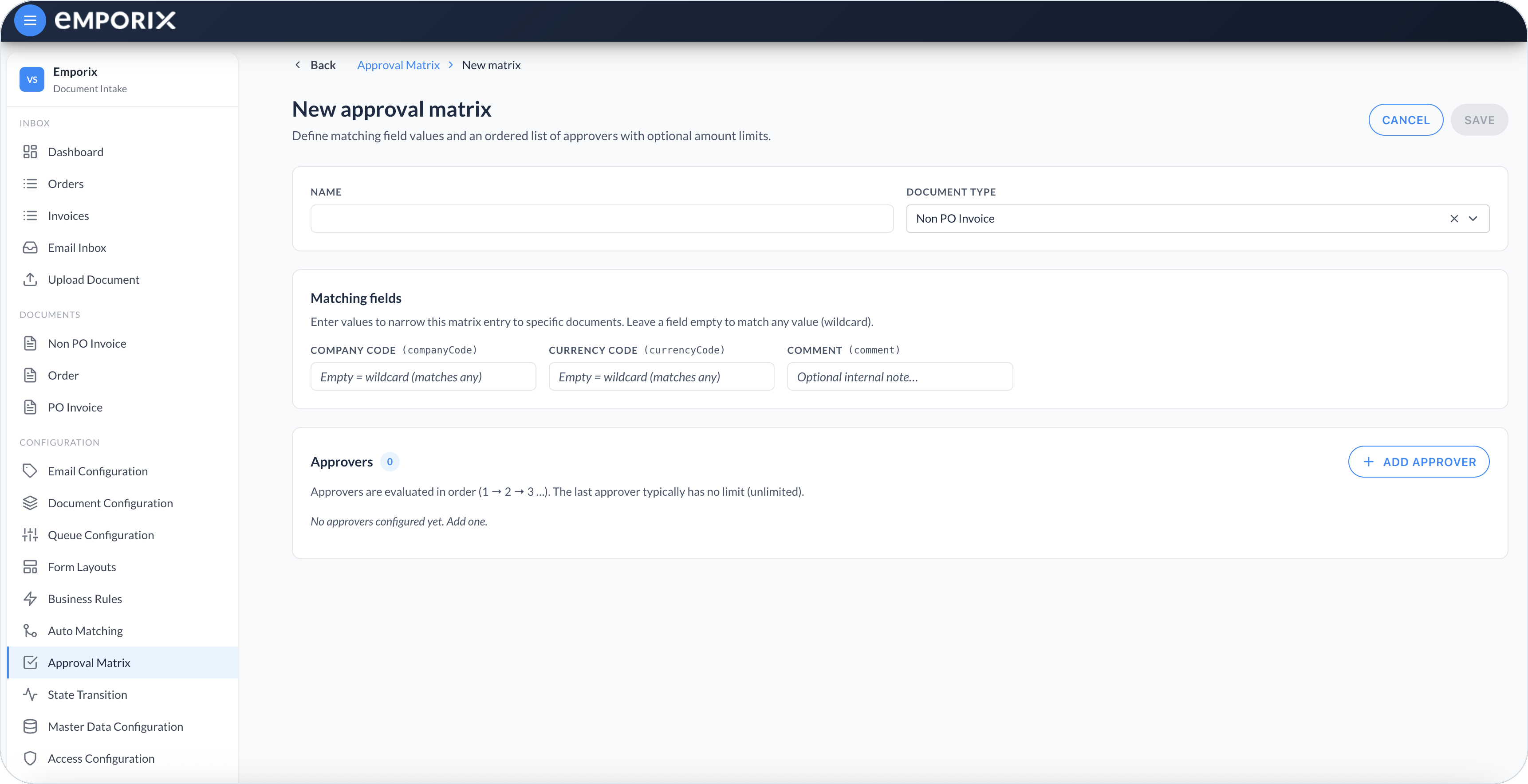 New approval matrix with Name, Document type, Matching fields, and empty Approvers