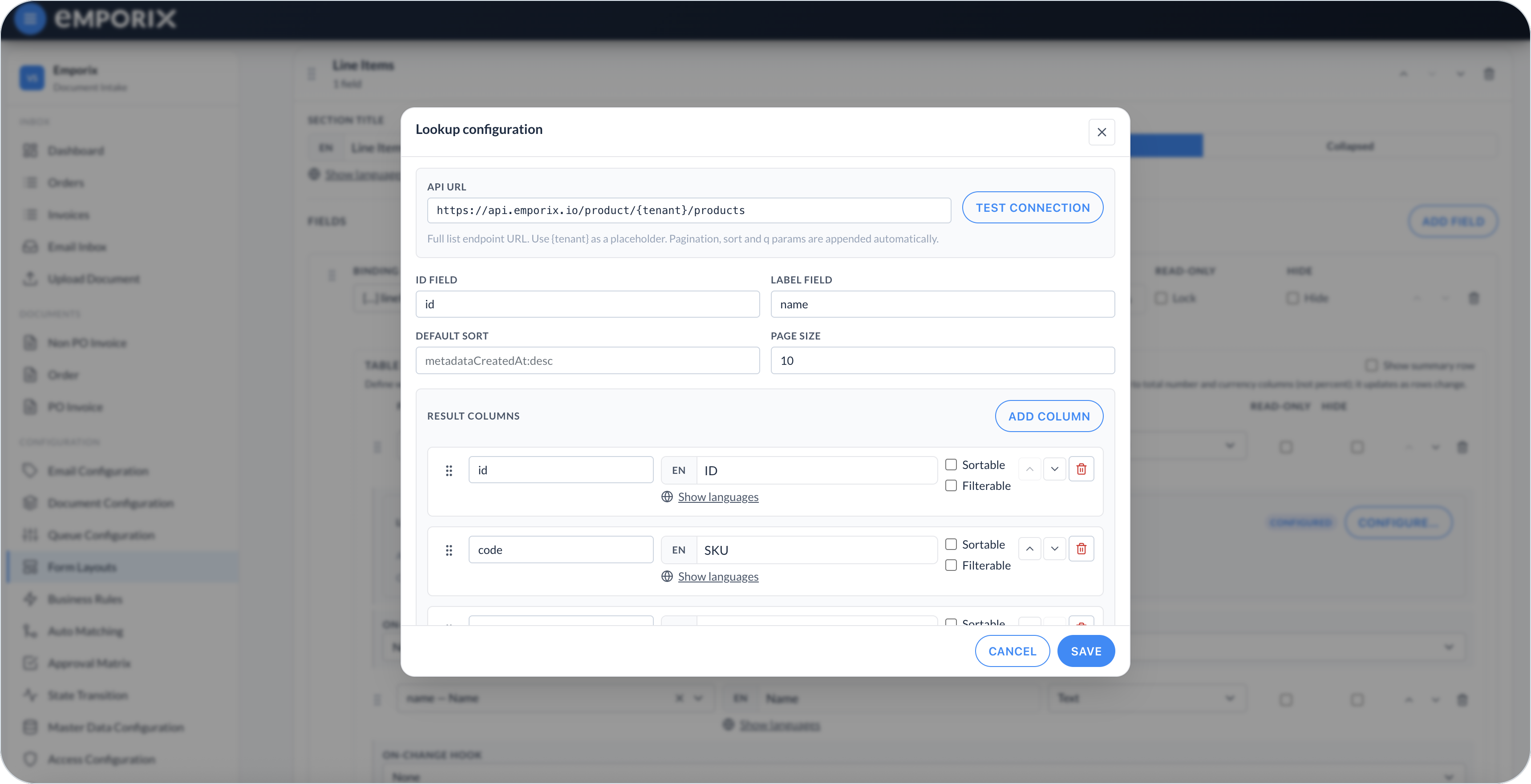Lookup configuration with API URL, ID field, Label field, Default sort, Page size, and Result columns