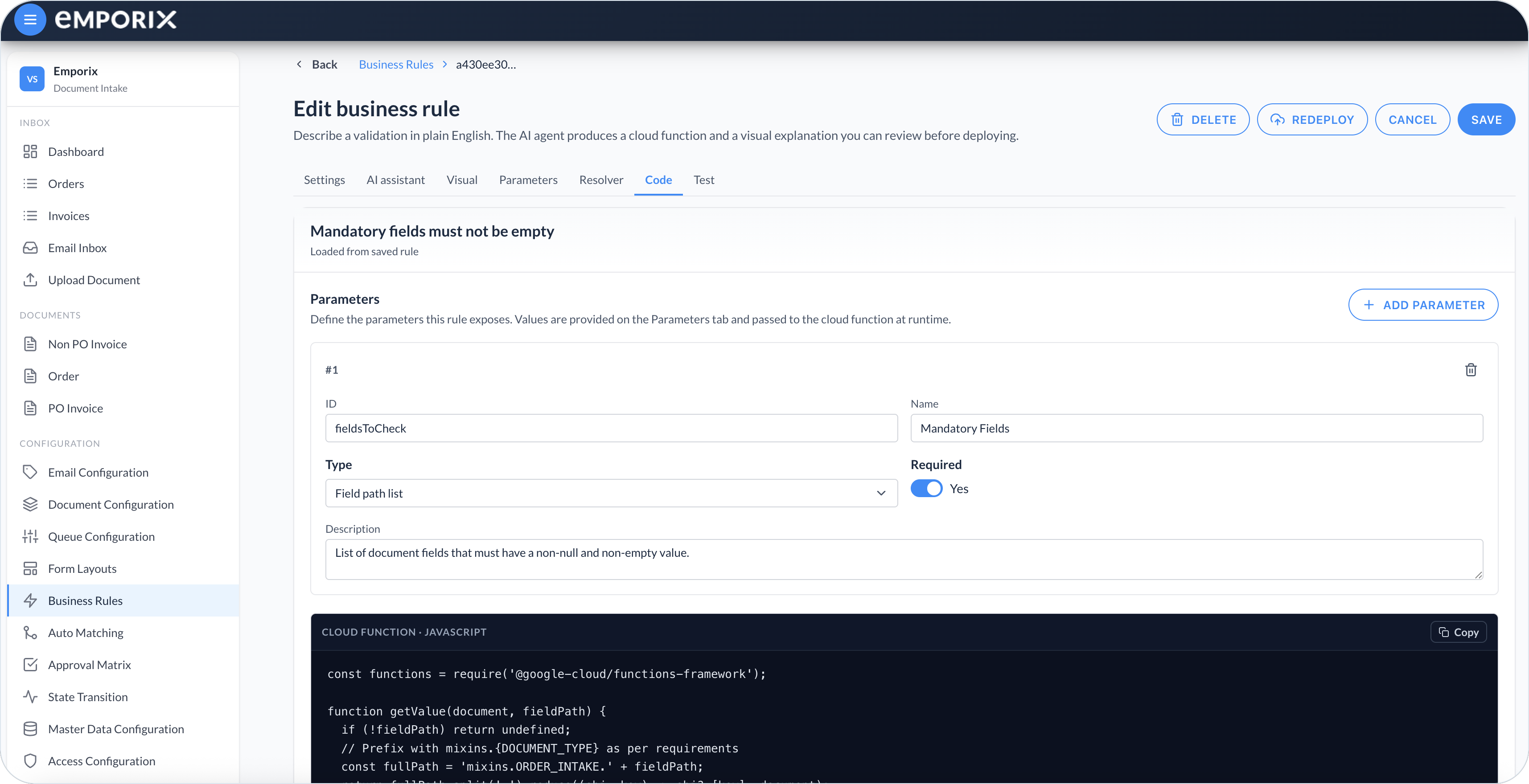 Code tab with parameter definitions and cloud function JavaScript