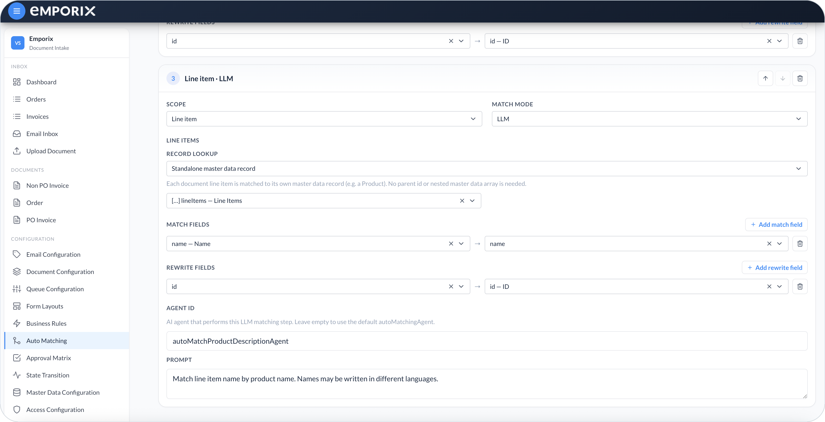 Line item LLM step with Agent ID autoMatchProductDescriptionAgent and Prompt