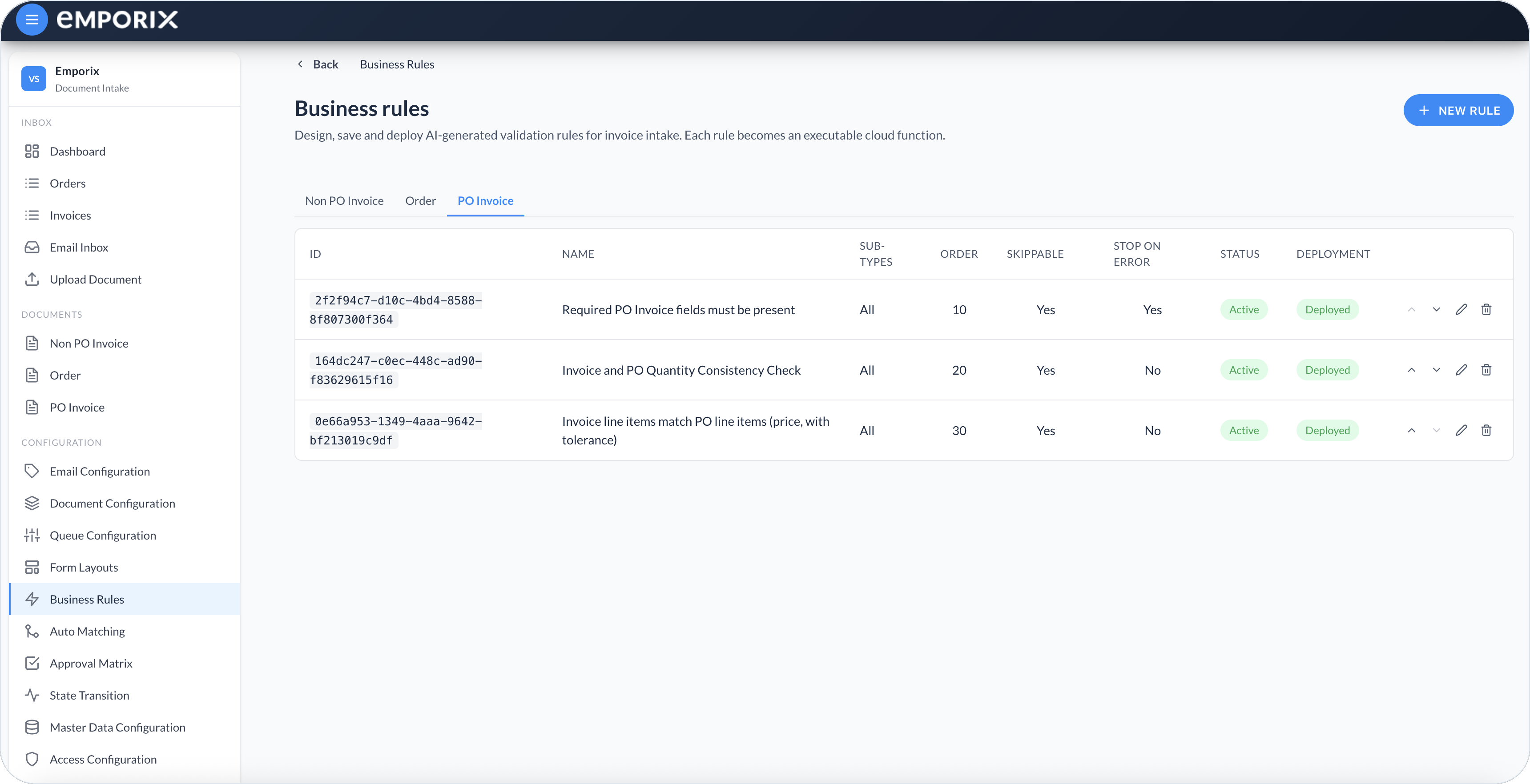 Business Rules list on the PO Invoice tab with three deployed rules