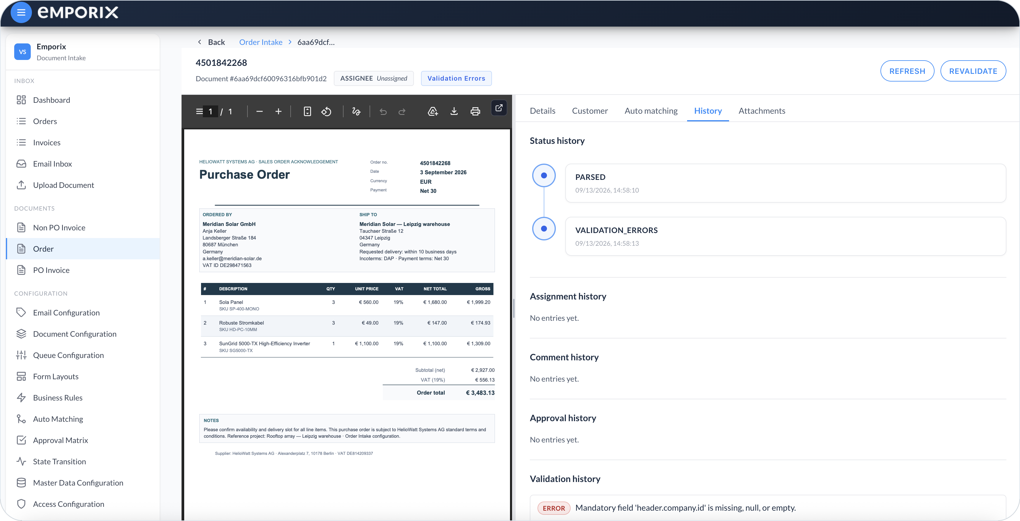 History tab with status, assignment, comment, approval, and validation