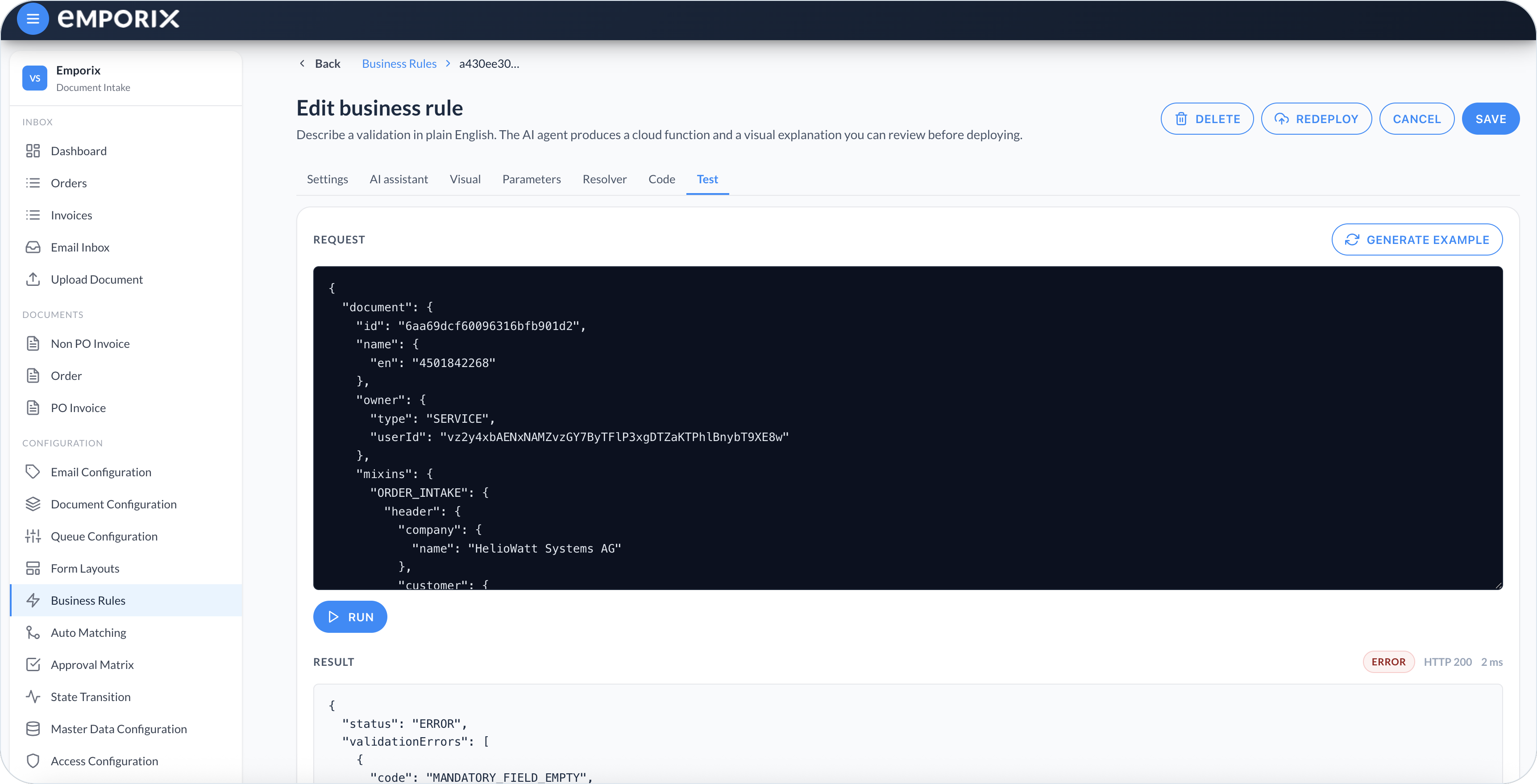 Test tab with Request, Generate example, Run, and Result