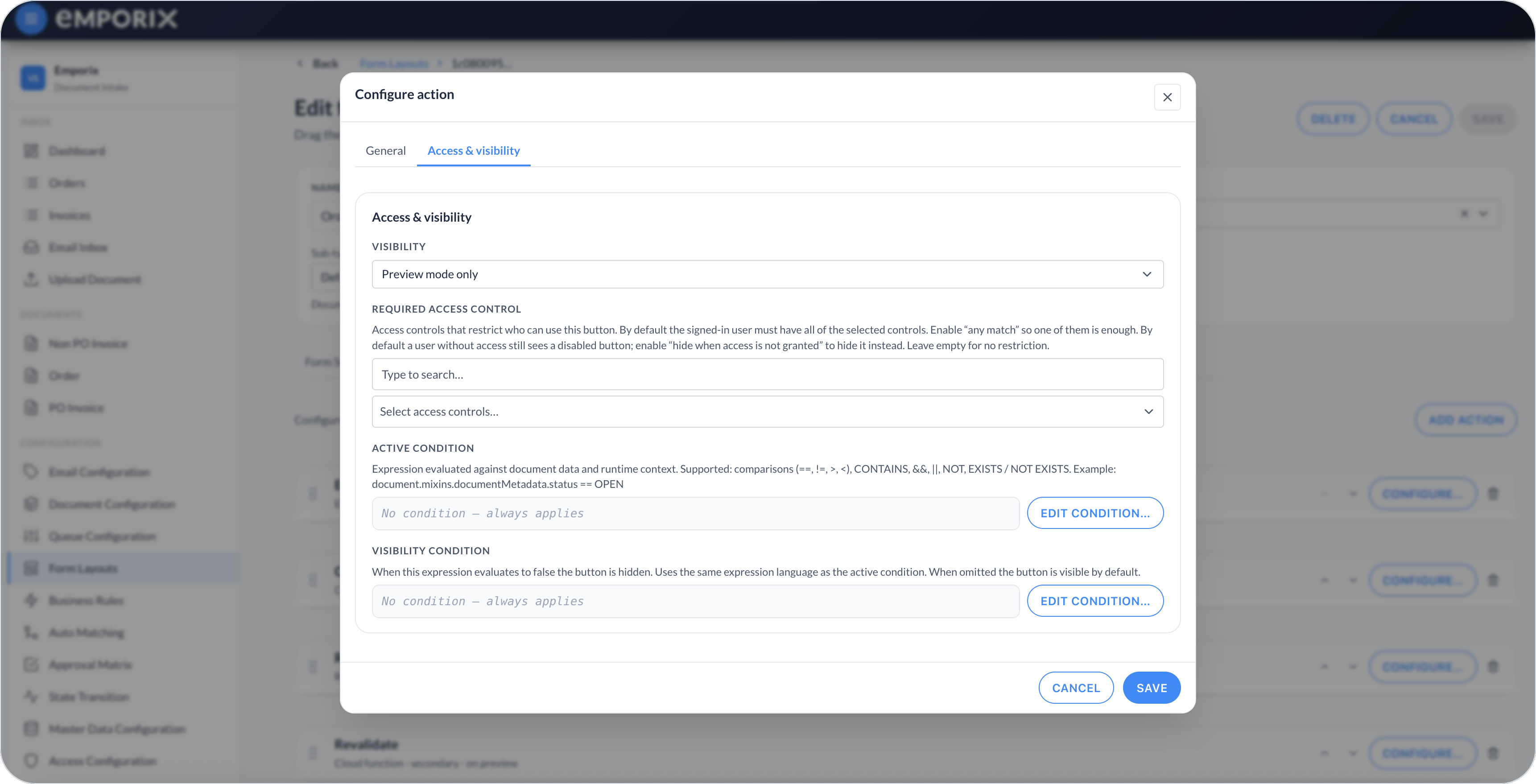 Configure action Access and visibility with Visibility, Required access control, Active condition, and Visibility condition