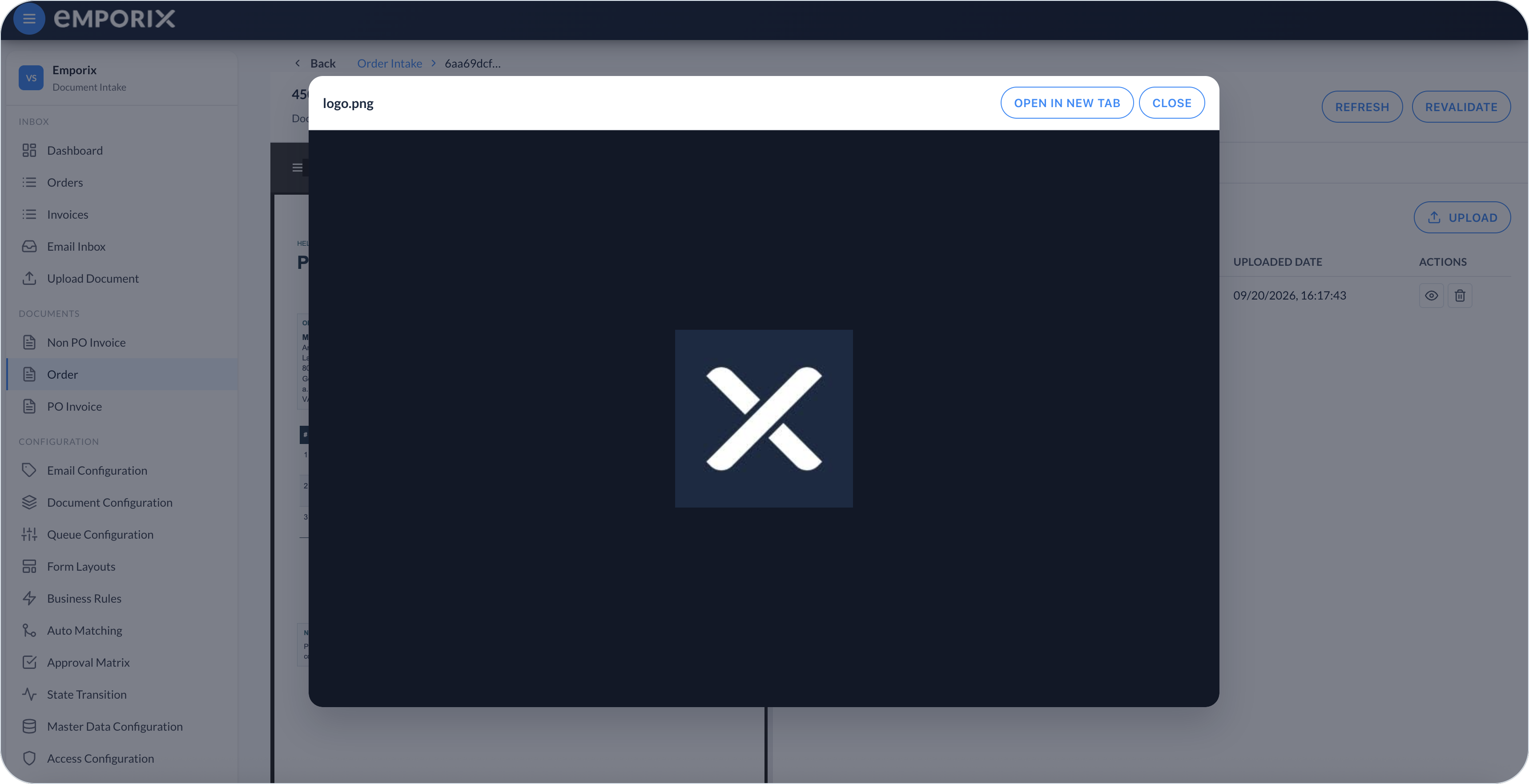 Attachment preview dialog with Open in new tab and Close