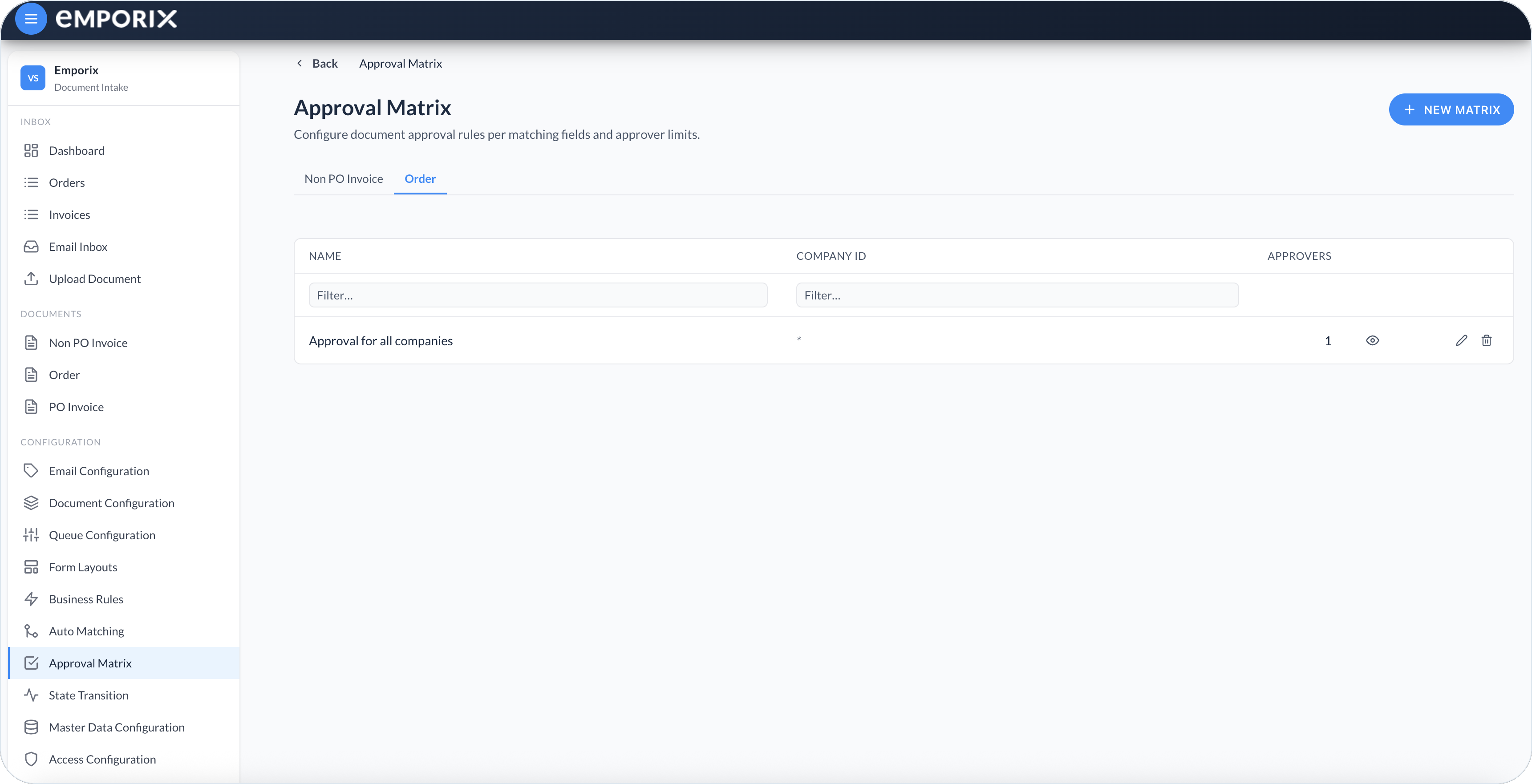 Approval Matrix list on the Order tab with Company ID wildcard and one approver