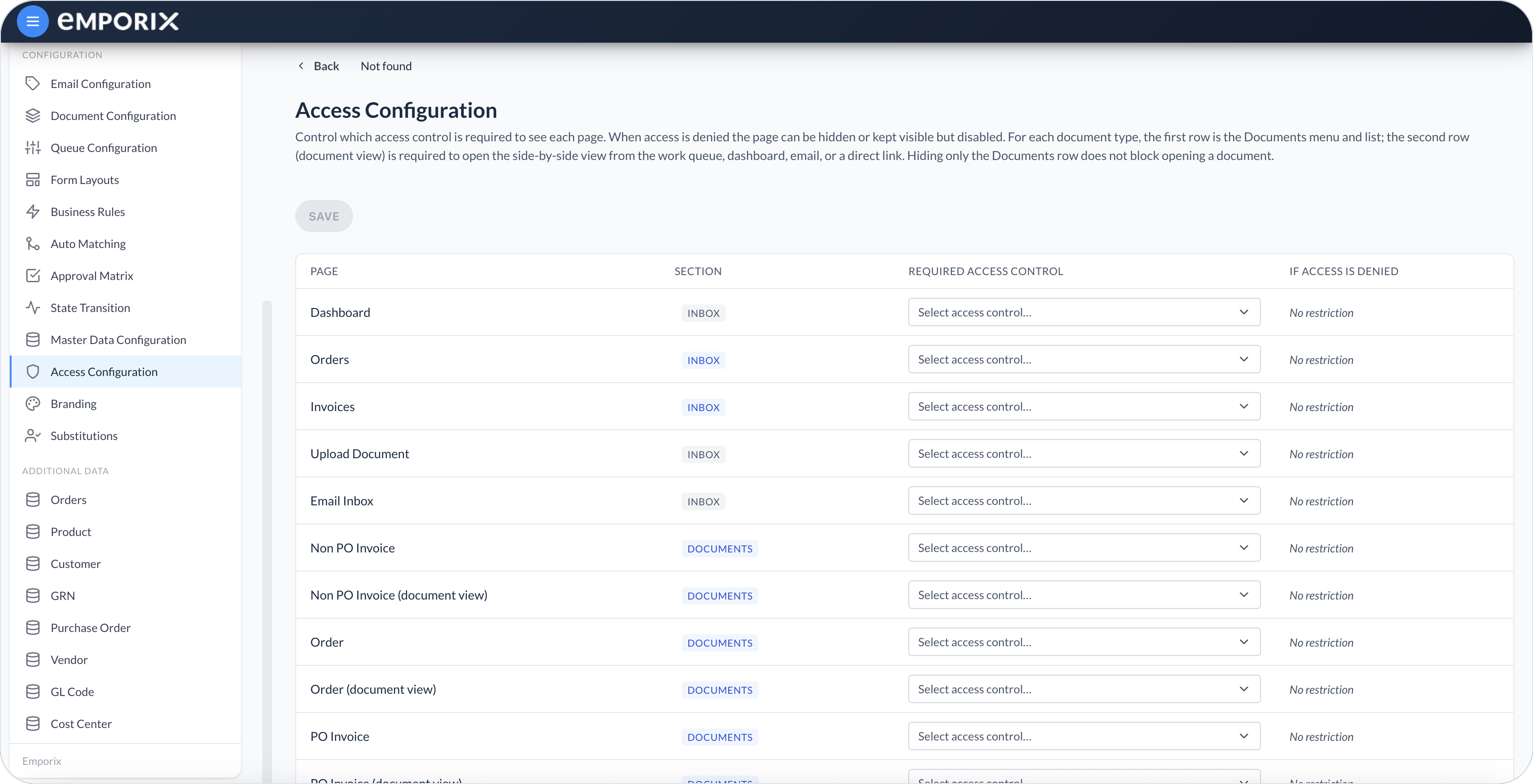 Access Configuration table with Inbox and Documents rows, including document view