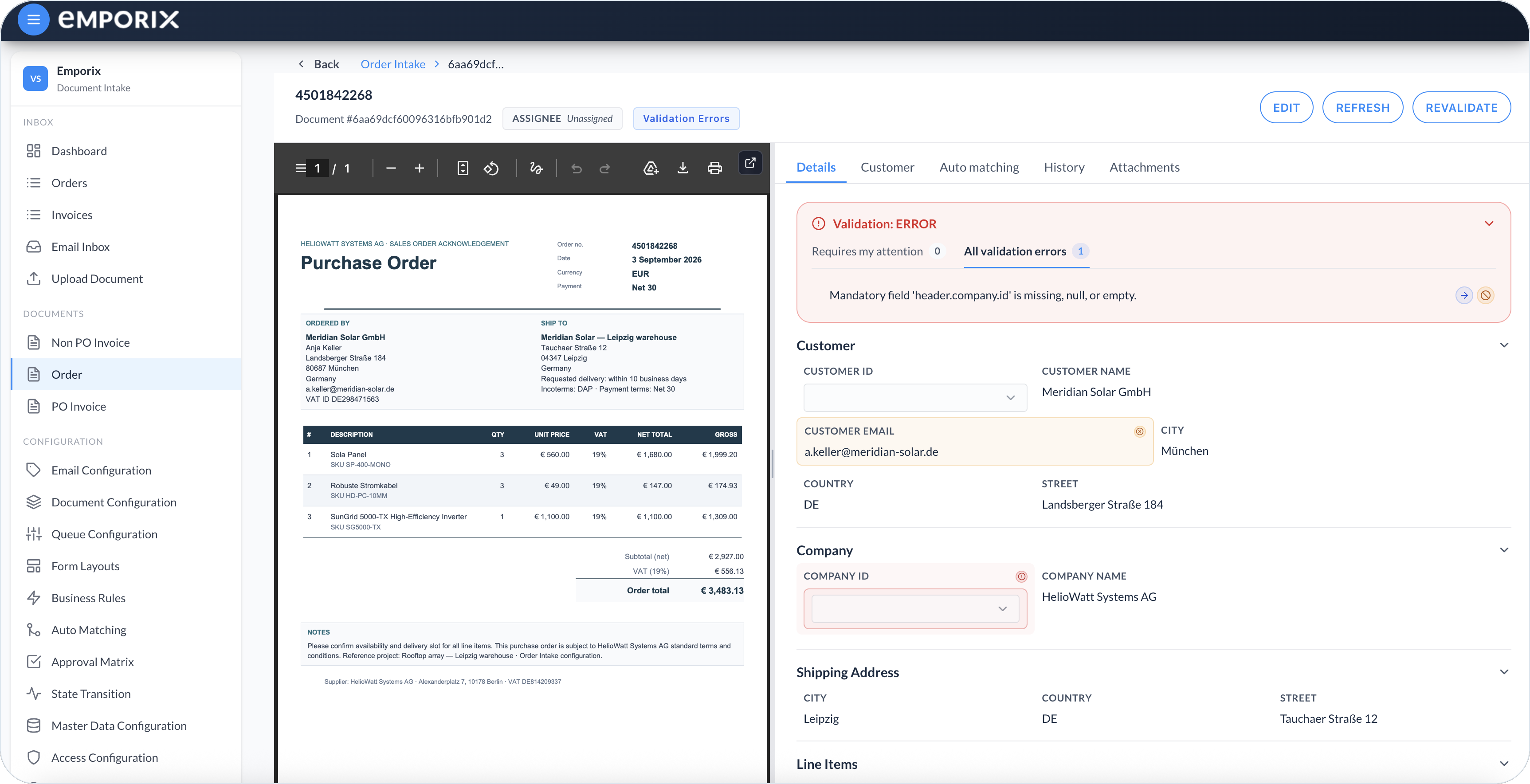 Document Details with Validation ERROR and All validation errors