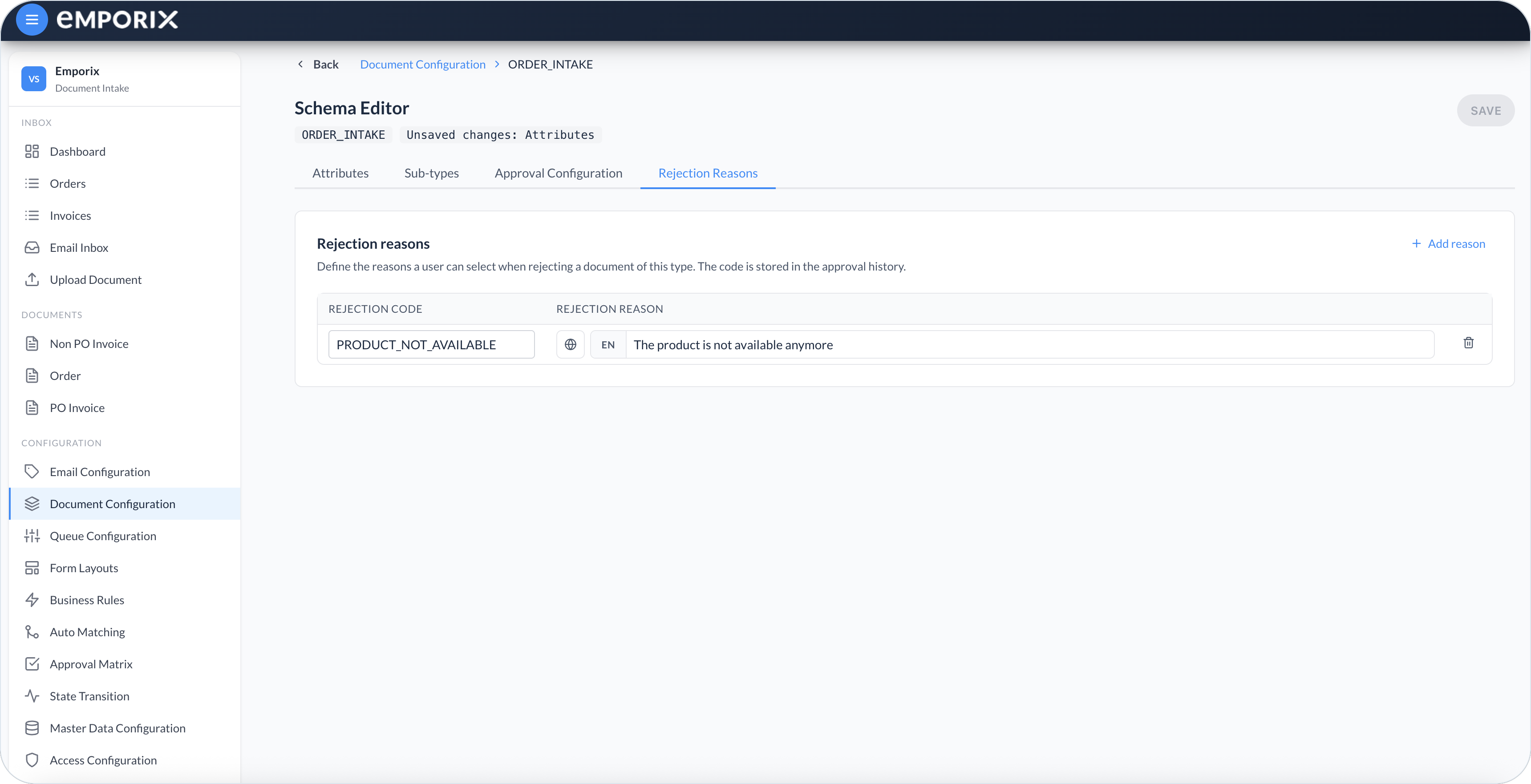 Rejection Reasons with Rejection Code and localized Rejection Reason