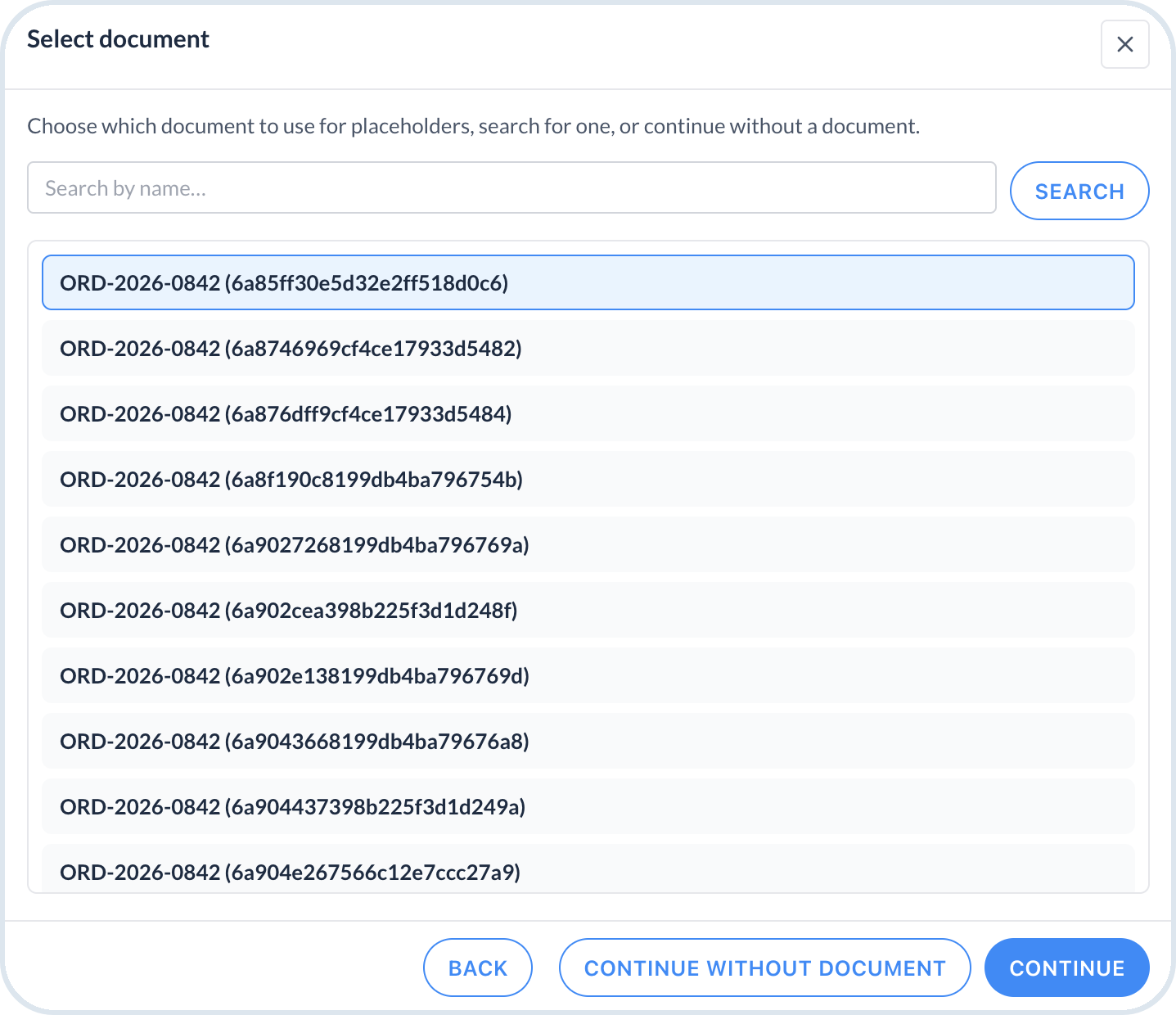 Select document dialog
