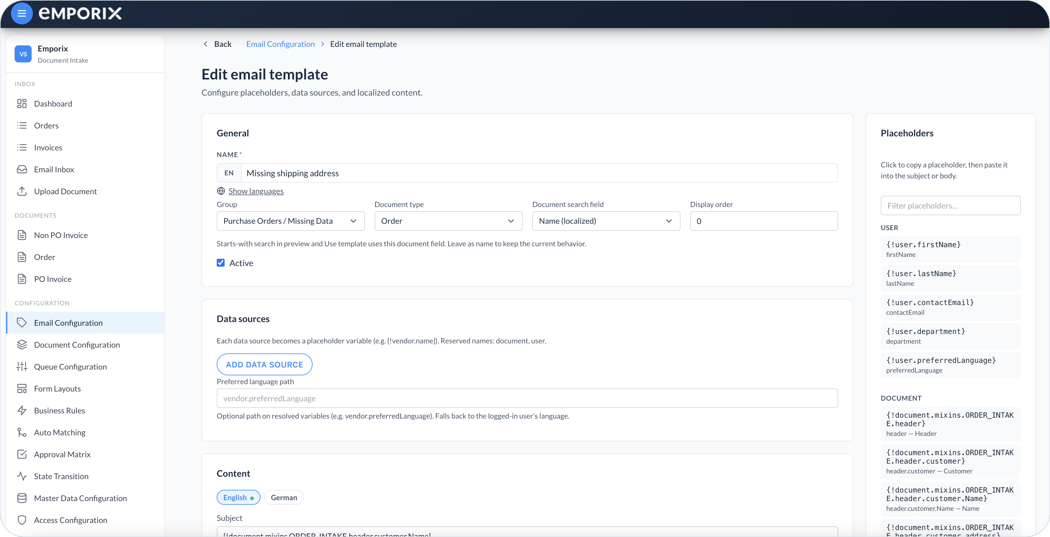 Edit email template with General settings, data sources, and placeholders