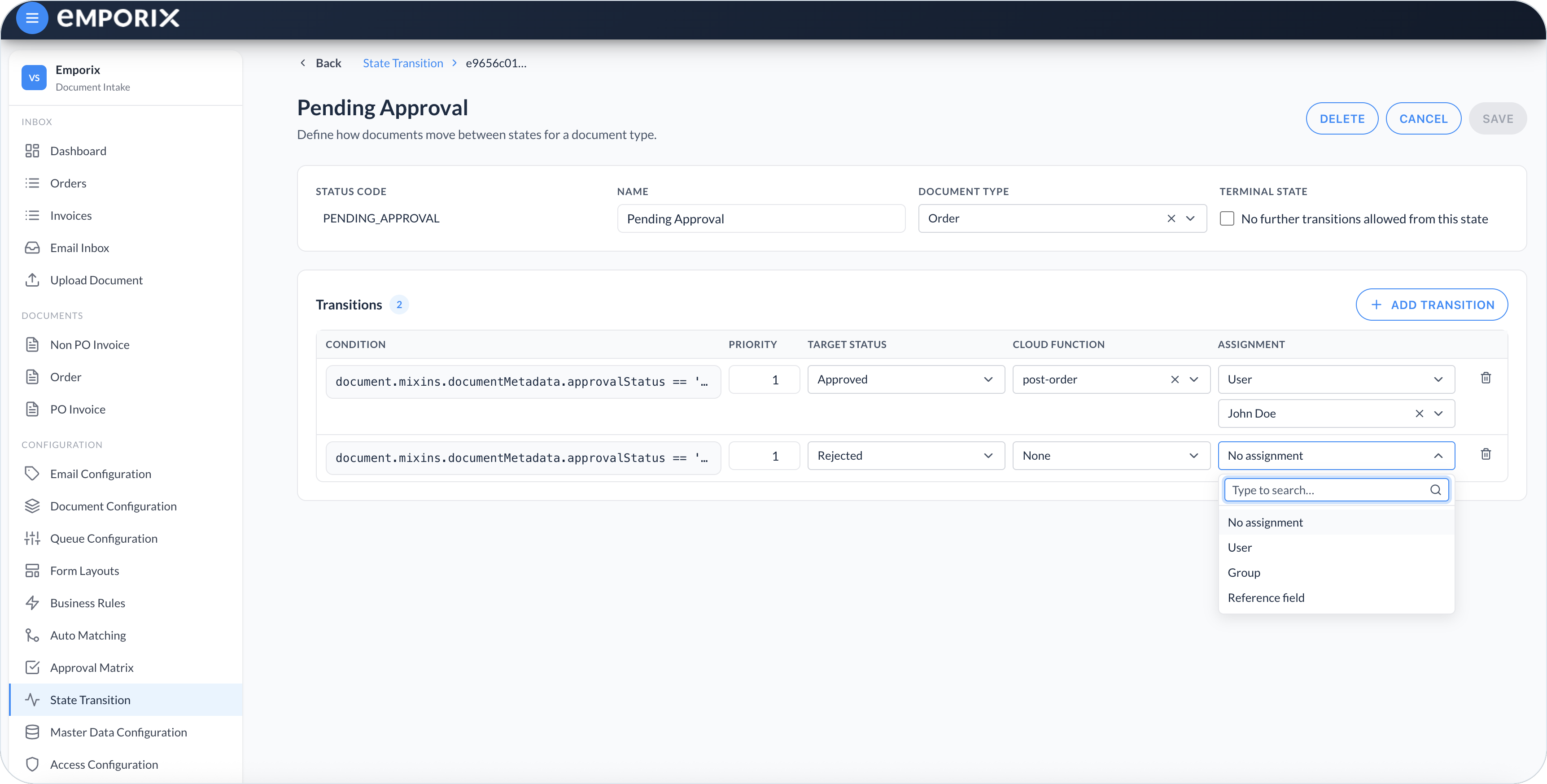 Assignment dropdown with No assignment, User, Group, and Reference field