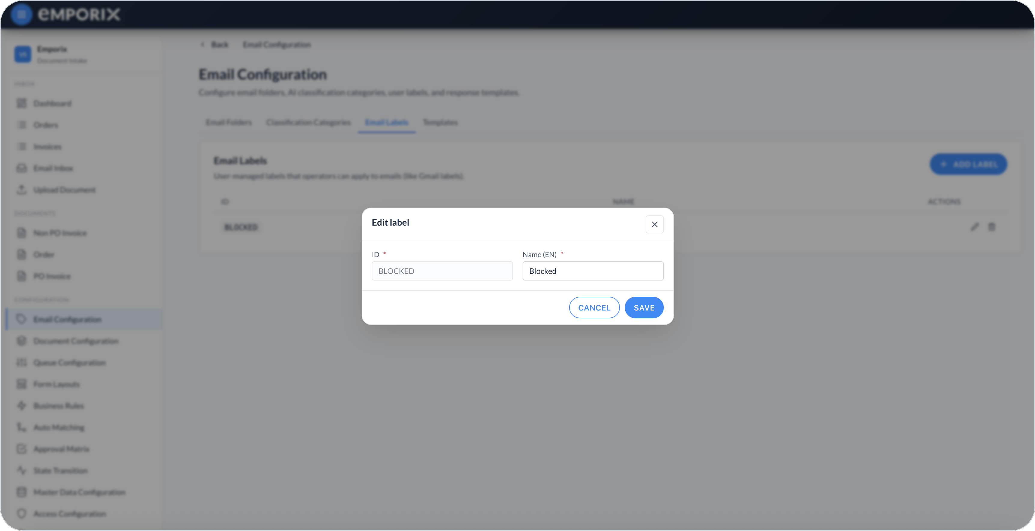 Edit label dialog with ID and Name (EN)
