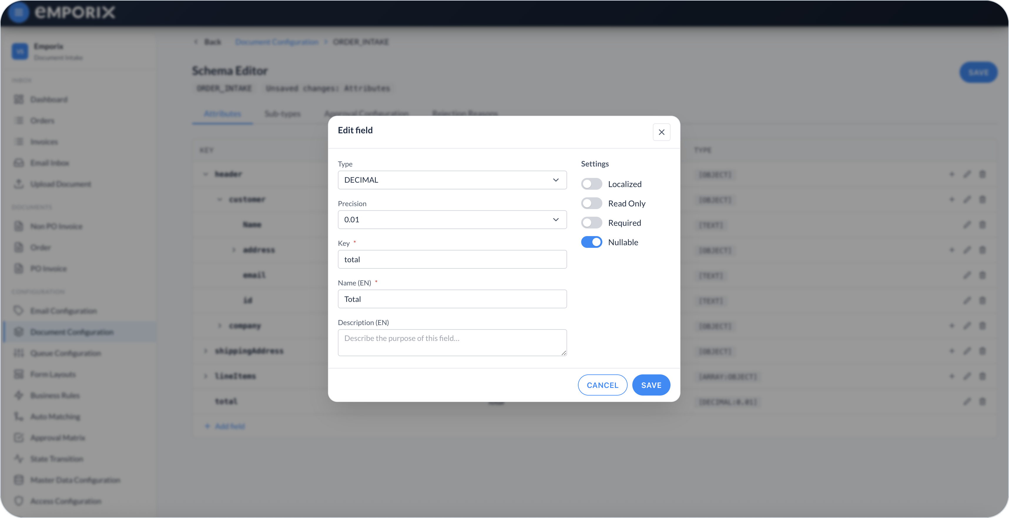Edit field dialog with Type DECIMAL, Precision, Key, Name (EN), Description (EN), and Settings